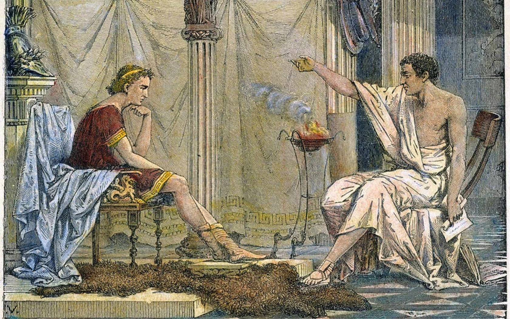 A 19th-century engraving depicts Aristotle teaching Alexander the Great.