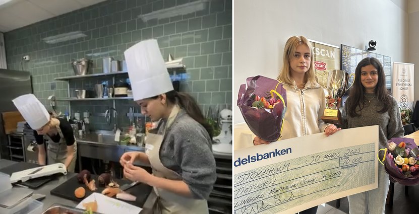 Vinnarna Kajsa Johansson och Yasmin Alsalim från Bilingual Montessori School i Lund, under Kockduellen och efter prisutdelningen. Foto: Visita