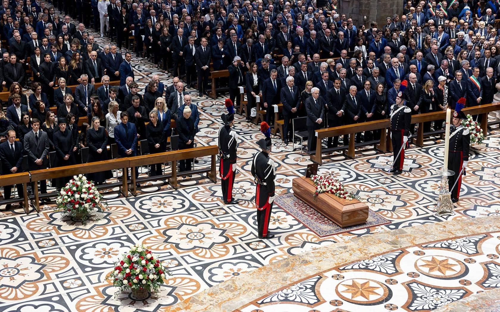 Thousands of mourners packed the area around the Duomo di Milano in Milan to bid farewell to Silvio Berlusconi, the Italian media mogul and former prime minister who died at the age of 86.