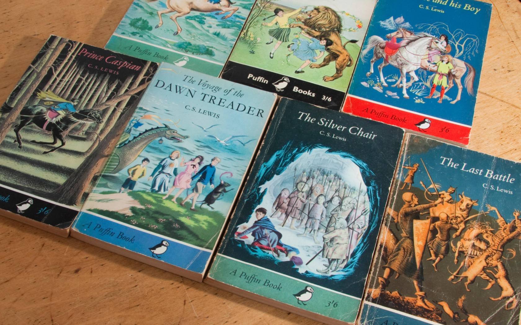 Puffin paperback editions of the Narnia tales by author CS Lewis