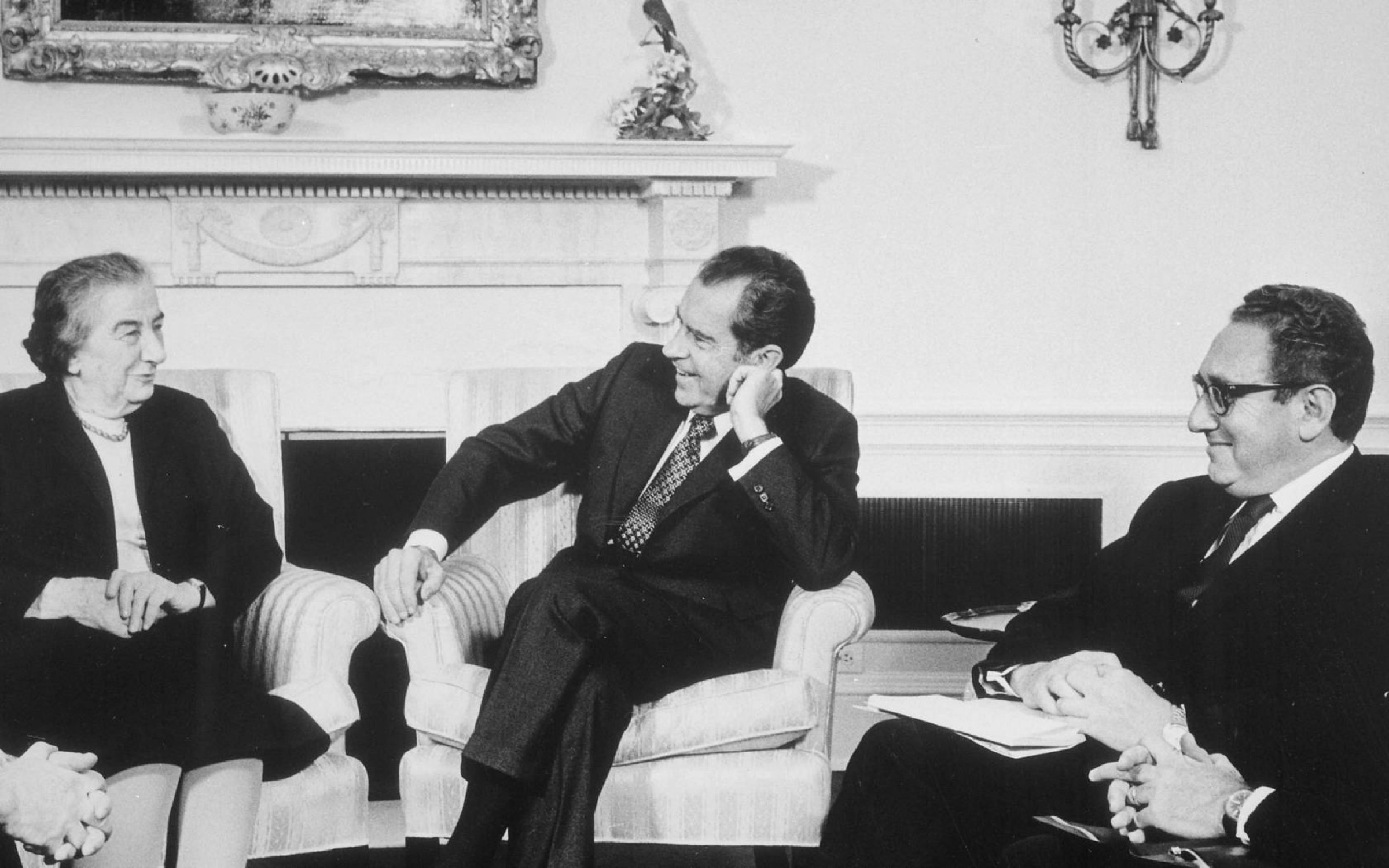 Israeli Prime Minister Golda Meir, President Nixon and Secretary of State Henry Kissinger in a 1973 Washington DC meeting. Credit: World History Archive / Alamy Stock Photo.