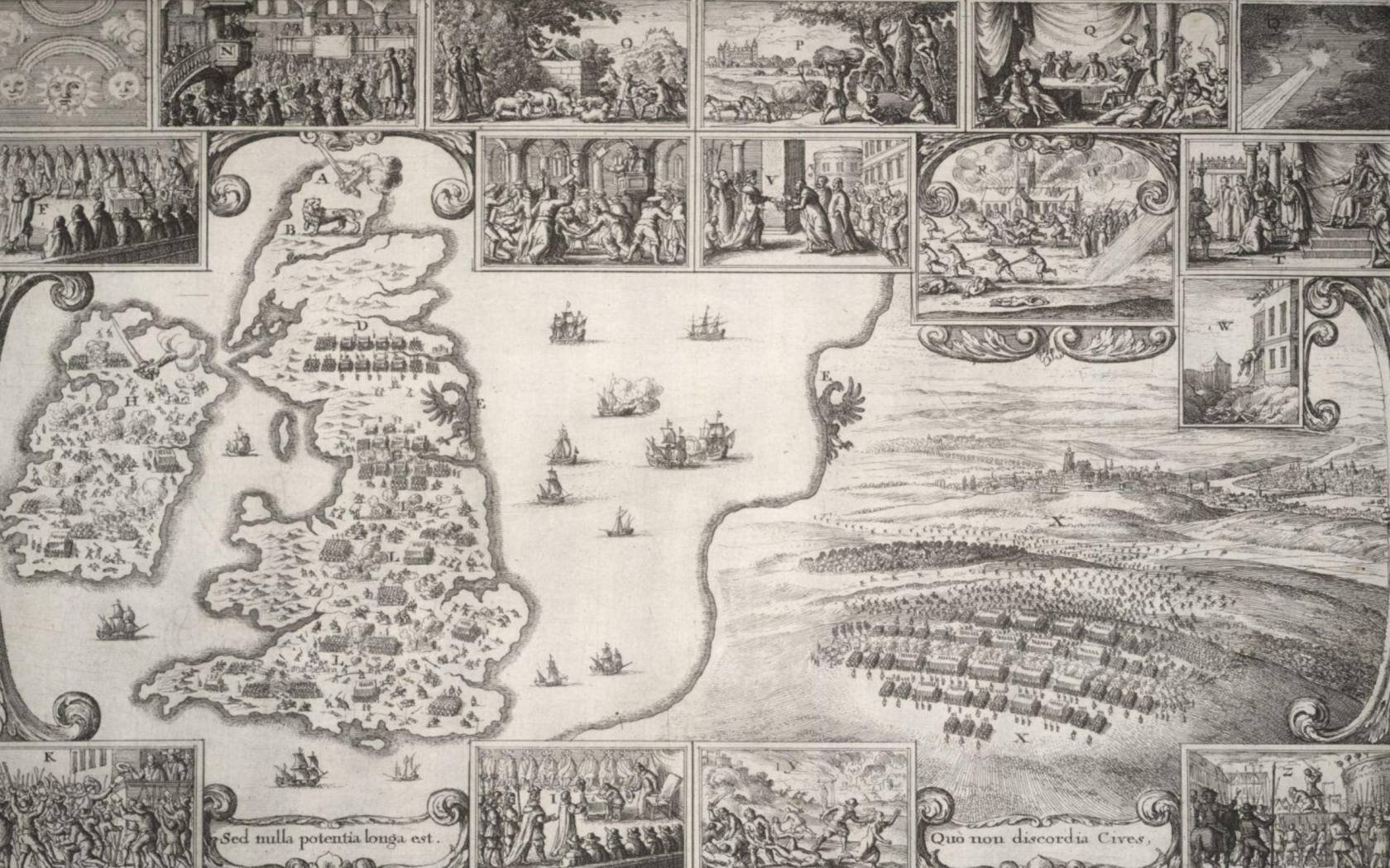 Wenceslas Hollar's map of England with scenes from the beginning of the Civil War.