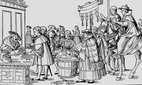 A woodcut from 1510 critiquing the practice of indulgence trading in medieval Europe.