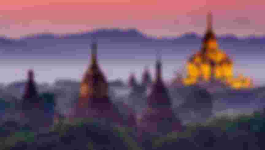 Bagan, Myanmar ancient temples at dusk. Alamy stock image.