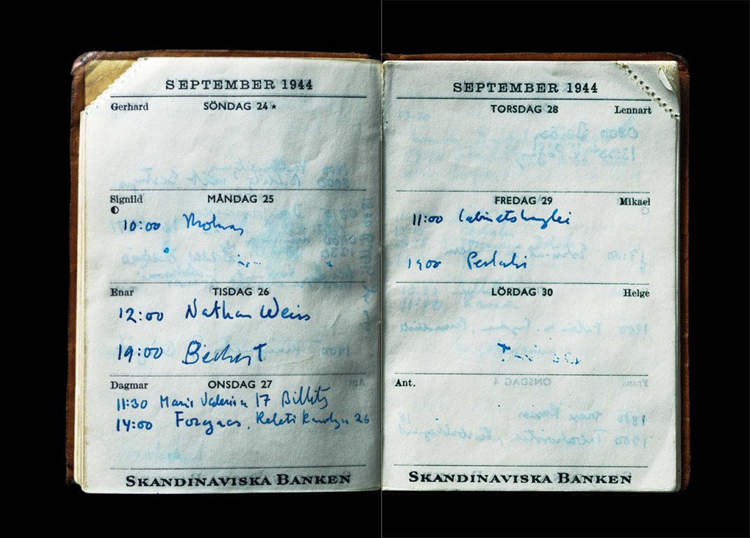 Ett uppslag ur Raoul Wallenbergs almanacka från 1945. Nathan Weiss var Dina Rajs farfar. 