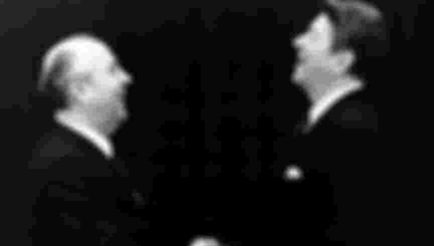 Soviet Premier Mikhail Gorbachev shaking hands with U.S. President Ronald Reagan in the 1980s. Credit: Everett Collection Inc / Alamy Stock Photo.