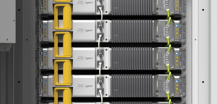 Close-up of a grey/silver Polarium Cabinet with yellow handles.