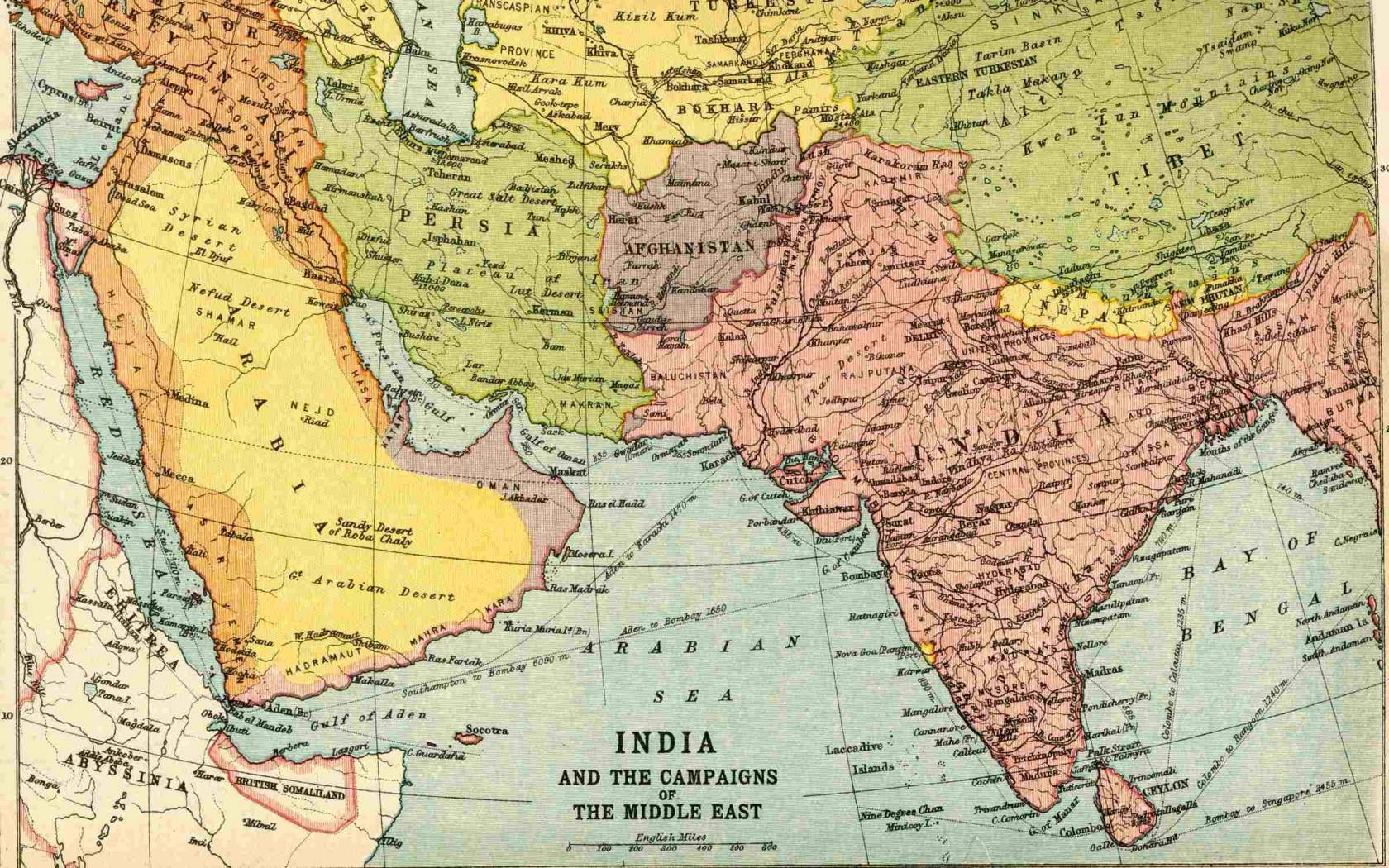 'India and the Campaigns of the Middle East'. Map by the Gresham Publishing Company Ltd, London, c. 1920.