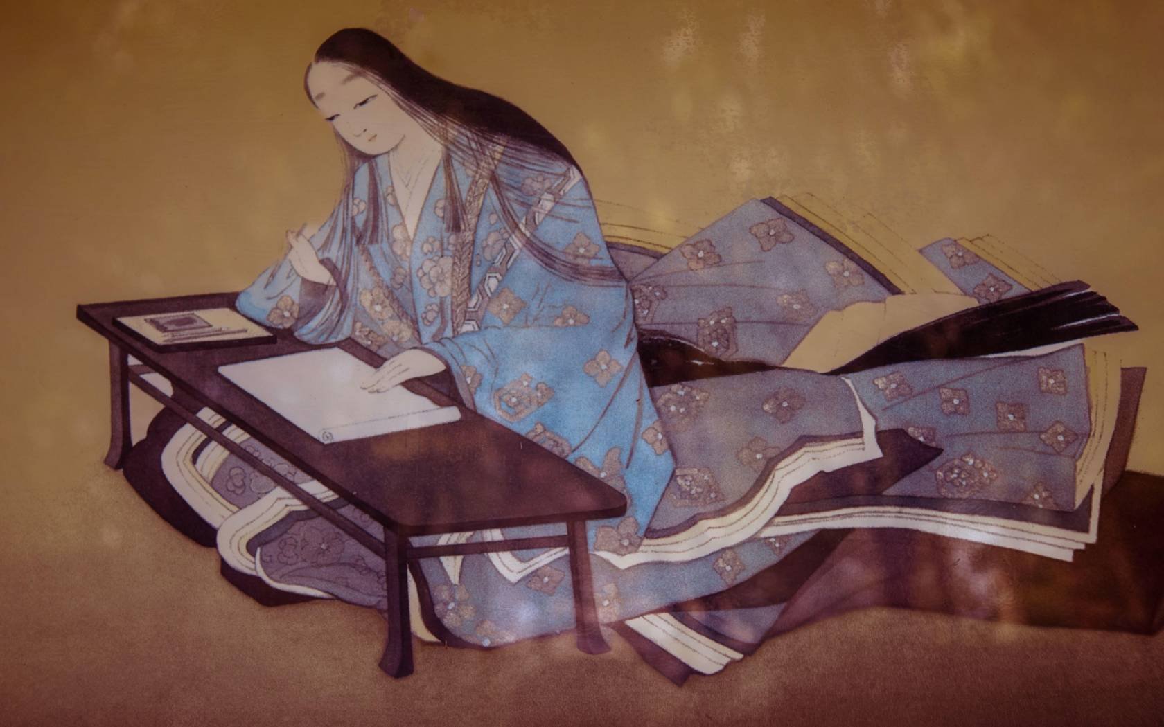 Artwork found on a Japanese Temple of a noblewoman writing