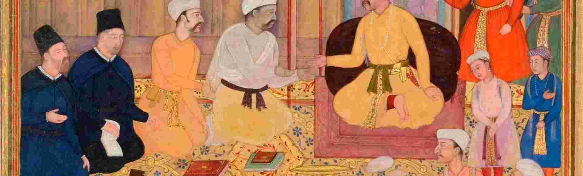 Mughal Emperor Akbar (r. 1556-1605) holds a religious assembly in the Ibadat Khana (House of Worship) in Fatehpur Sikri, attended by Muslim scholars and Jesuit missionaries.