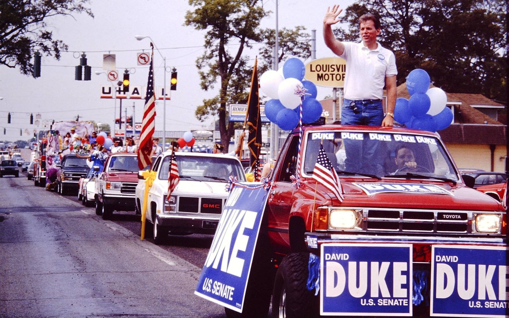 Former Grand Wizard of the Ku Klux Klan campaigns for the US Senate in Louisiana, 1990.