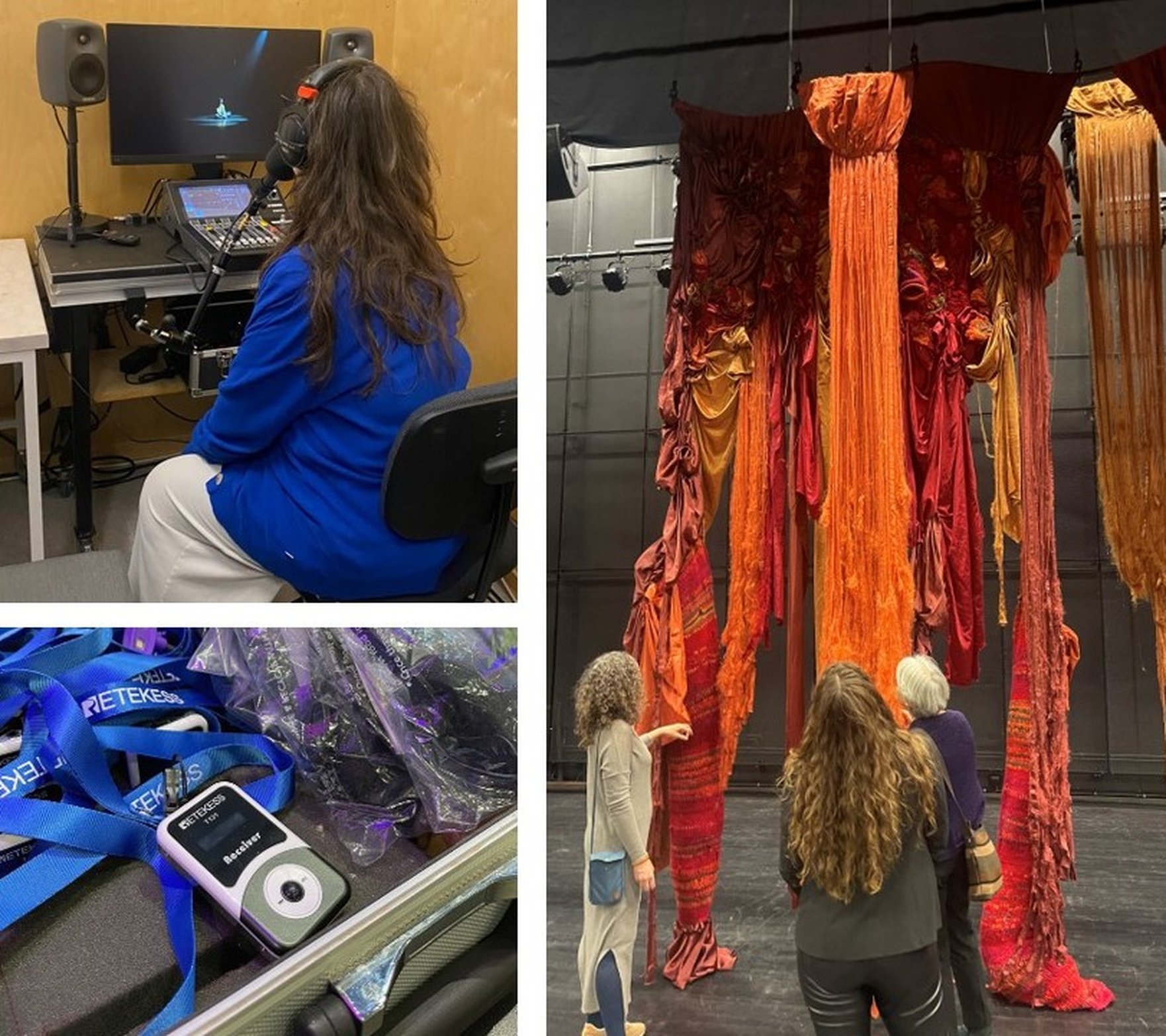 Collage med tre scener: en person sitter vid en dator med hörlurar och arbetar med ljud eller syntolkning; närbild av teknisk utrustning med hörslinga/lyssningsenheter; samt tre personer som betraktar en sceninstallation med hängande tyg i varma färger.