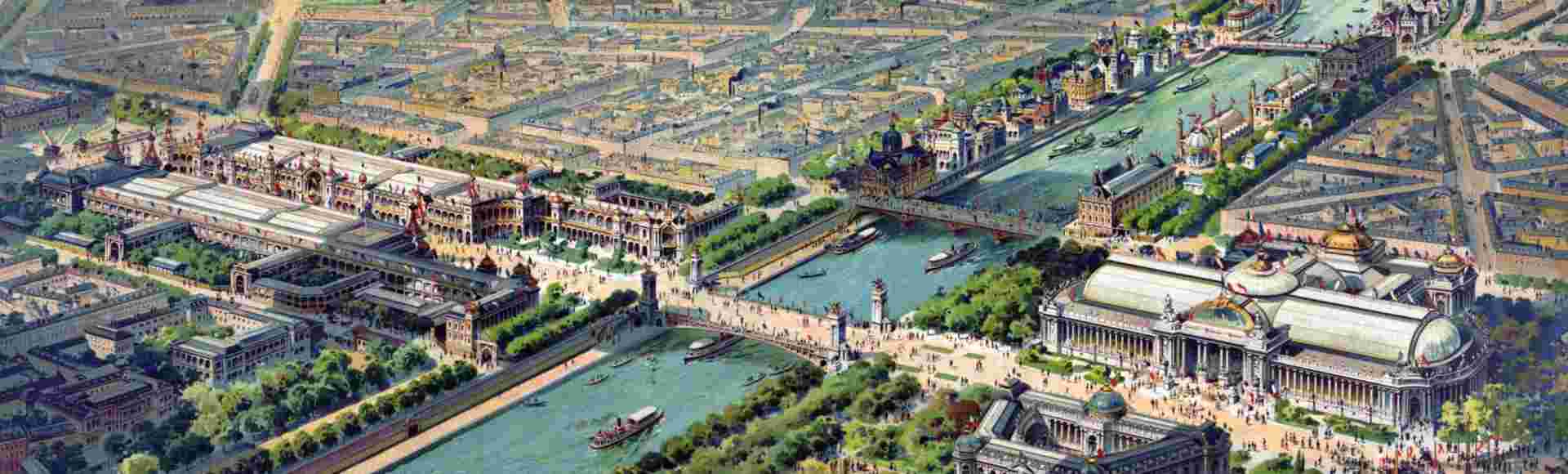 Contemporary lithograph colour print showing an aerial view of the Paris Exposition universelle in 1900.