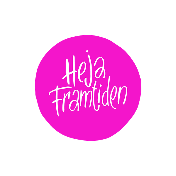 Logotype from Heja Framtiden. White text on pink bakground.