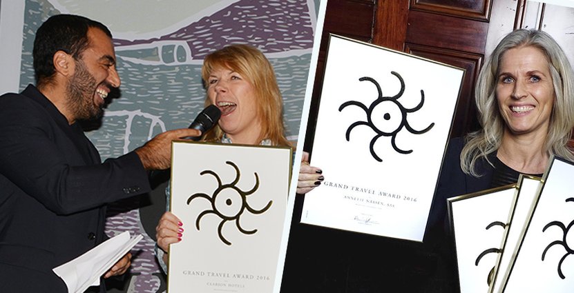 Jessica Castegren från Clarion gratuleras av Özz Nûjen och Annelie Nässén, Årets chef, med SAS alla diplom. 
