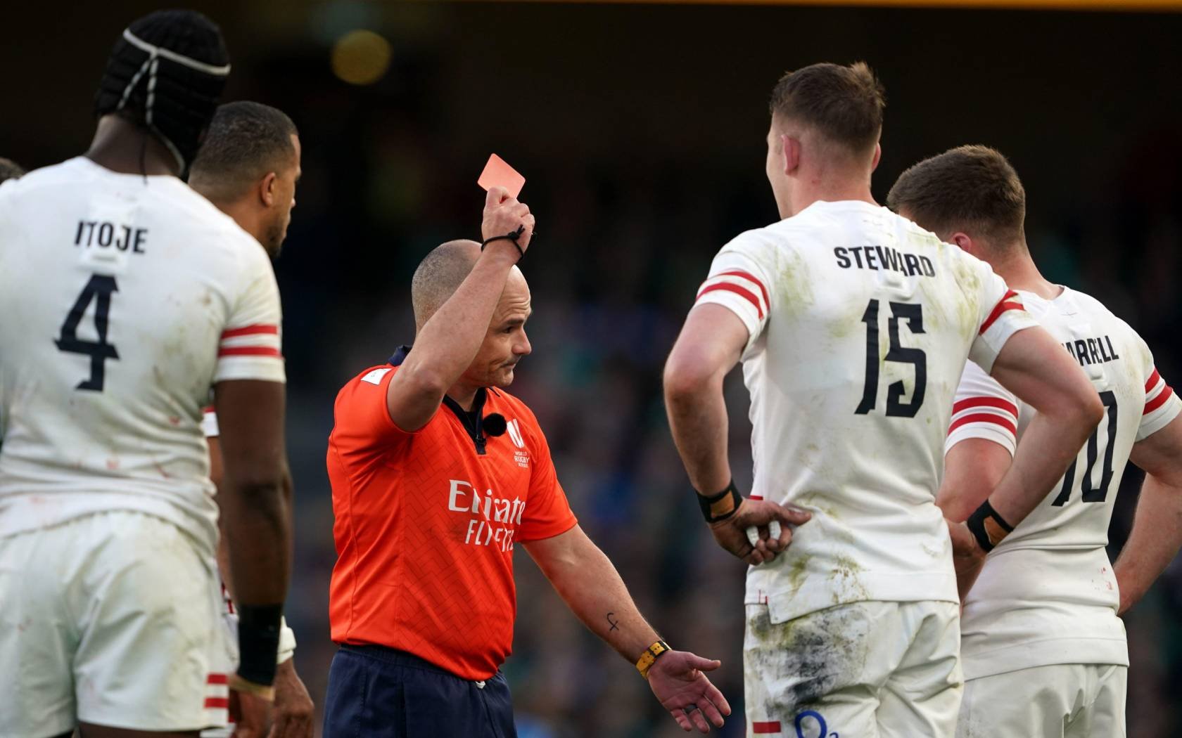 England's Freddie Steward is shown a red card by referee Jaco Peyper during the Guinness Six Nations match at Aviva Stadium, Dublin.