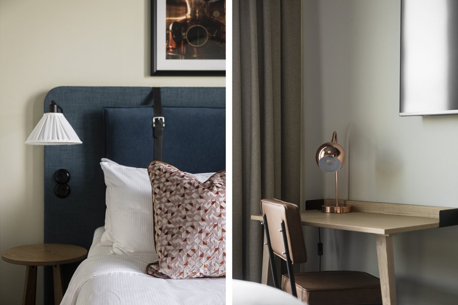 Detaljbilder p&aring; dekorkuddar, s&auml;nggavel och skrivbord