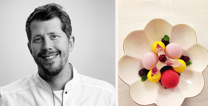 Temat på årets Nobelmiddag är is, men 2014 års dessert var en<br />
 saffranspannakotta med blåhallonmousse. Foto: K-märkt