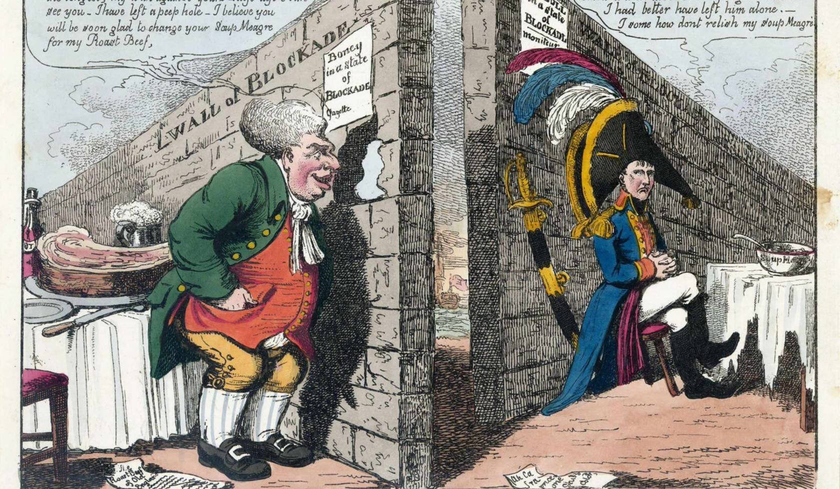 1806 satirical cartoon by James Gillray depicting John Bull and Napoleon Bonaparte separated by a wall labeled 'Island of Blockade'.
