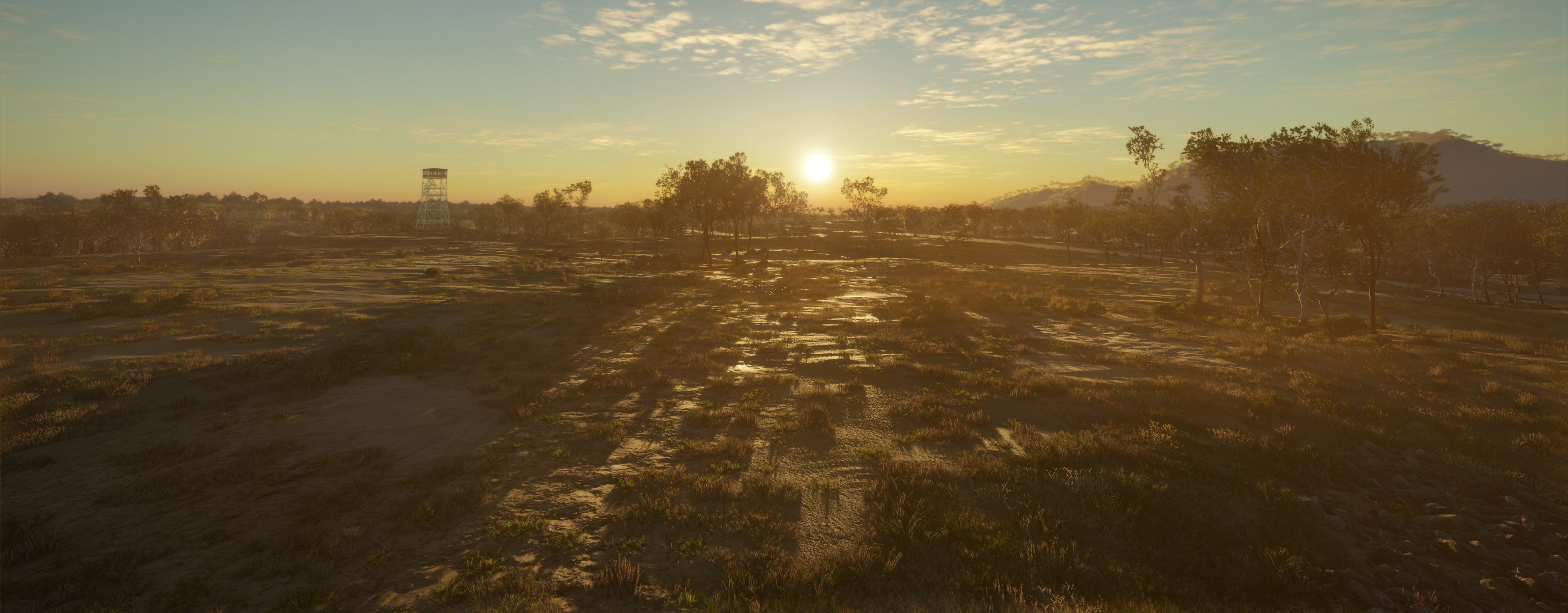 A view of the sun setting in the Australian outback region of theHunter: Call of the Wild. Part of the Outback Update release.