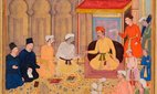 Mughal Emperor Akbar (r. 1556-1605) holds a religious assembly in the Ibadat Khana (House of Worship) in Fatehpur Sikri, attended by Muslim scholars and Jesuit missionaries.