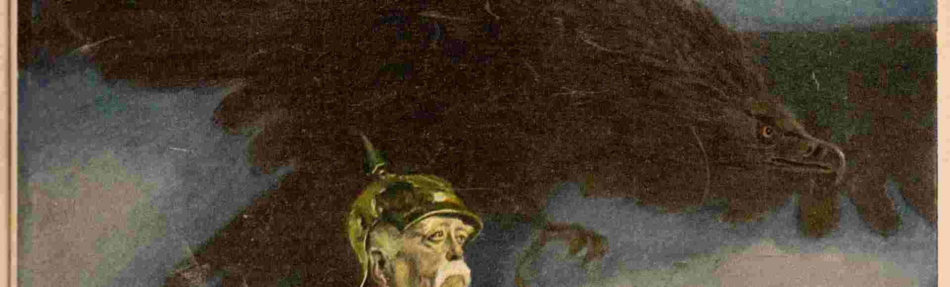 A painting of Otto von Bismarck in military uniform with a giant Prussian eagle above him.