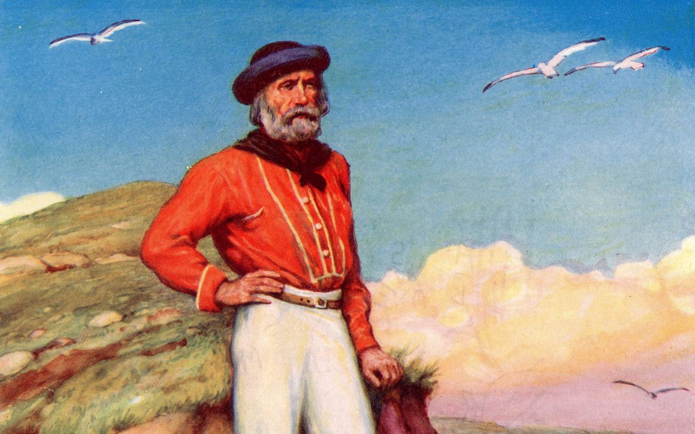 Giuseppe Garibaldi (1807-1882) in his signature red shirt, gazing towards his beloved Italy from a cliff edge on the island of Caprera off the coast of Sicily. Illustration c1920. Credit: Universal History Archive/Universal Images Group via Getty Images