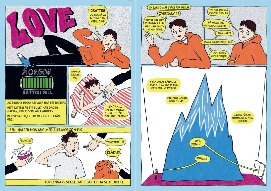 Uppslag ur Boken om ADHD. Illustratör: Ellen Greider.