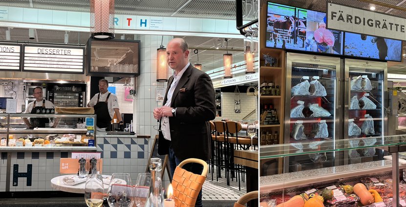 Erths kockar Fredrik Rickardsson och Johan Fors, samt vd och ägare Marcus Josberg. Till höger köttkylen med det hängmörade köttet insmort i talg. Foto: Klara ledin Höglund