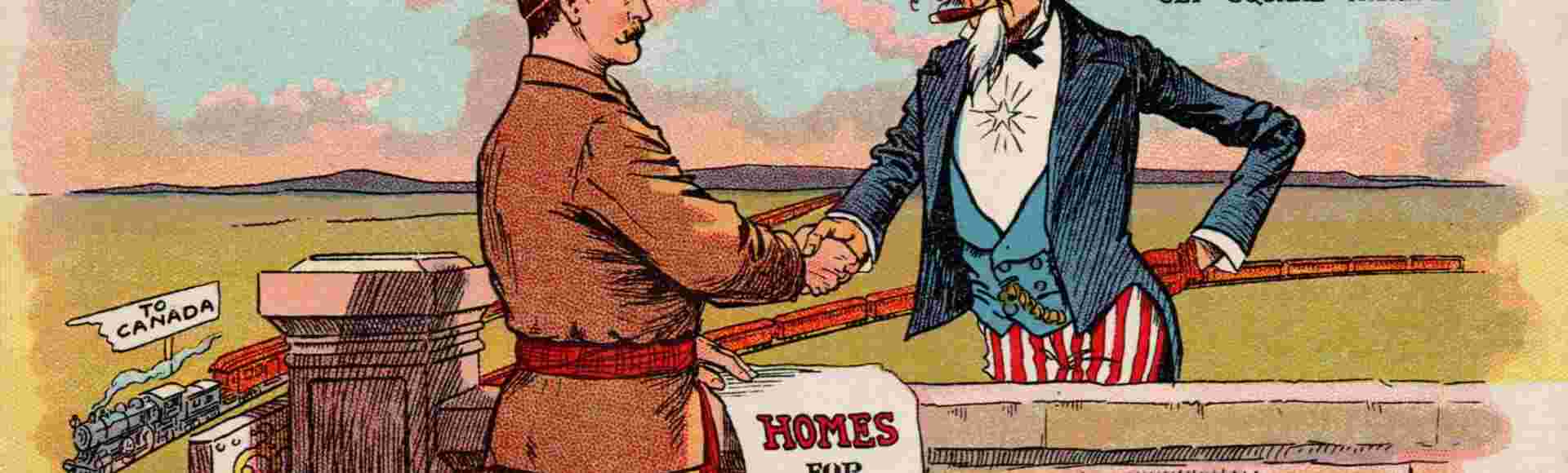 Uncle Sam and Jack Canuck at the Canada-US border.