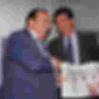 Robert Maxwell, left, celebrating the first edition of 'The European' in 1990 with Maurice Levy of Publicis. Credit: Michel Turpin / Sygma via Getty Images.