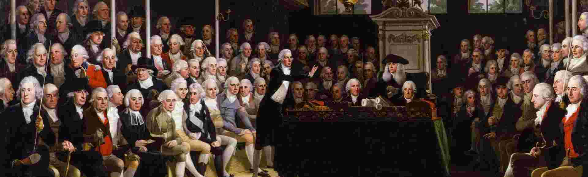 William Pitt the Younger and the British House of Commons in c. 1793-1794. Oil on canvas by Anton Hickel