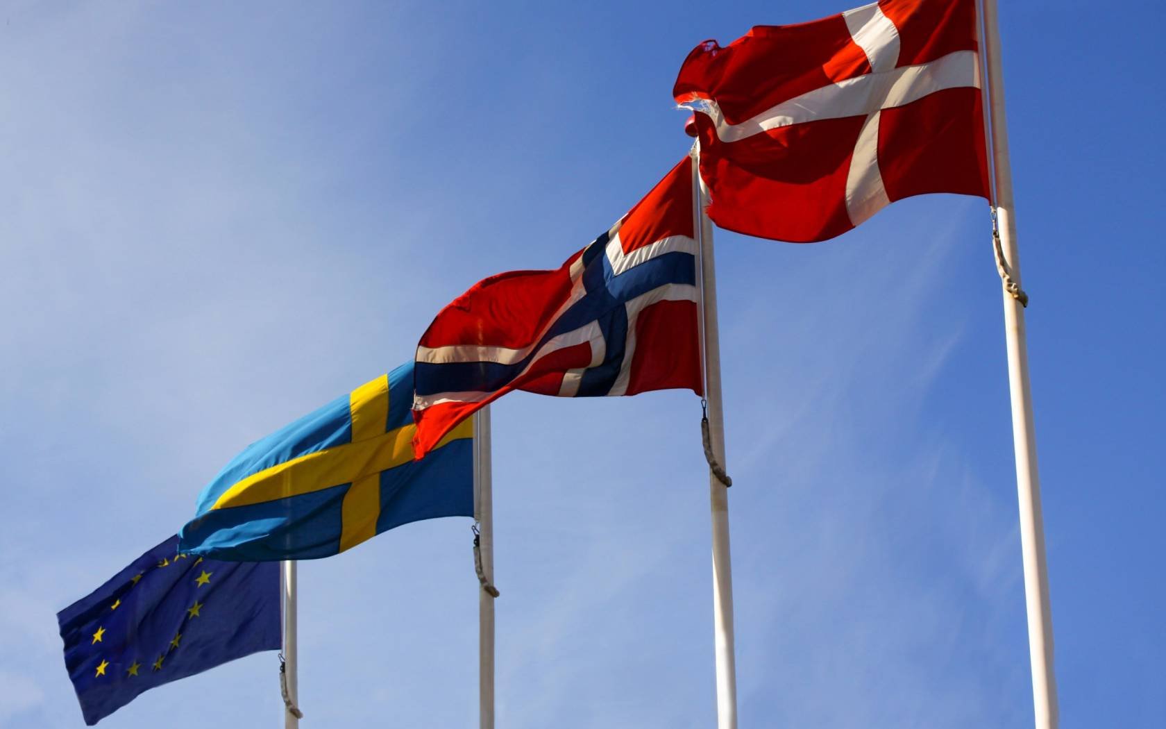 Flags from the Scandinavian countries Denmark, Norway and Sweden waving from flagpoles together with the EU flag.