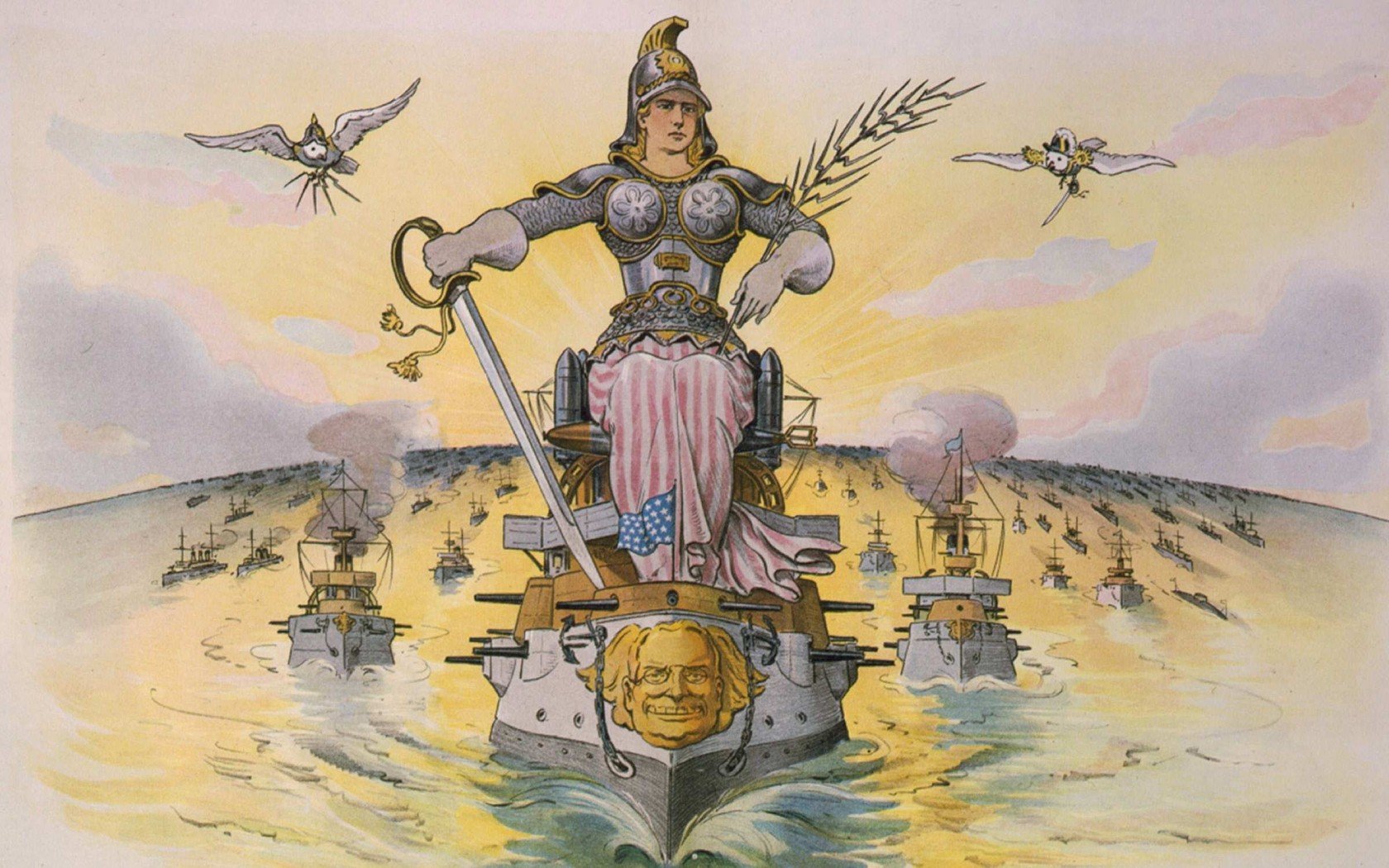 1905 Puck Cartoon entitled "Peace", depicting Theodore Roosevelt's face on a warship and United States sea power.