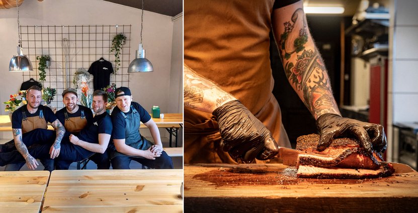 Gänget på rökstugan: David Knutsson, Kim Gullbrandsson (som i dagsläget inte jobbar kvar längre), Victor Linder och Joel Staaff. Foto: Rökstugan