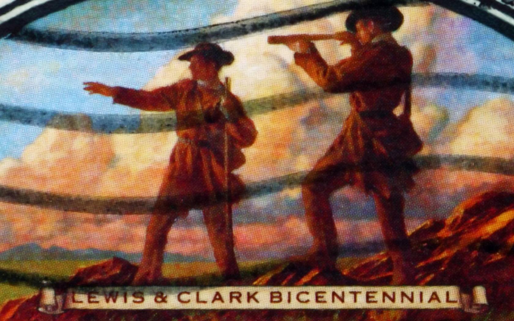 A stamp printed in the USA shows Meriwether Lewis and William Clark.