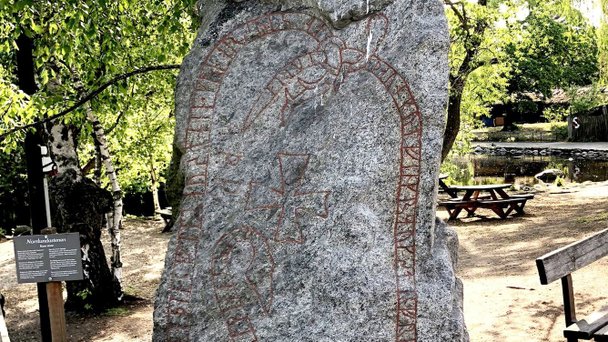 Norslundastenen på Skansen som räddades från gödselstacken, men som i dag stundom utsätts för attacker från ovan. Foto: Magnus Källström, RAÄ