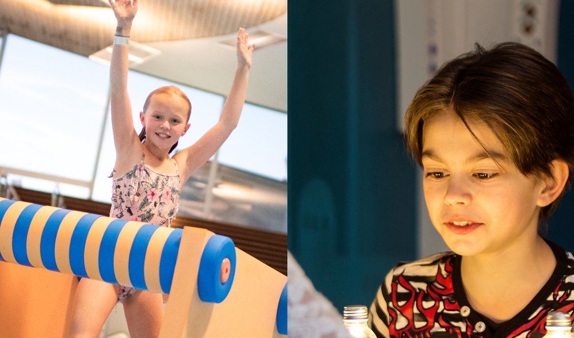 Ett barn står i en badleksak och ett annat barn spelar spelet 