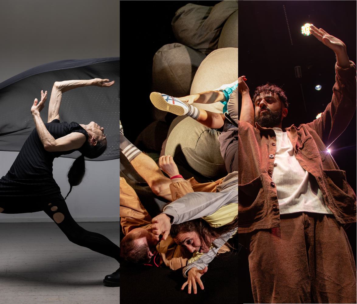 Trebildskomposition med samtida dans. Till vänster en dansare i svart som rör sig kraftfullt i ett böjt, expressivt kroppsläge. I mitten flera dansare sammanflätade i en fysisk, lekfull formation på golvet. Till höger en dansare på scen med armarna lyfta i ett intensivt och närvarande uttryck, belyst av scenljus.