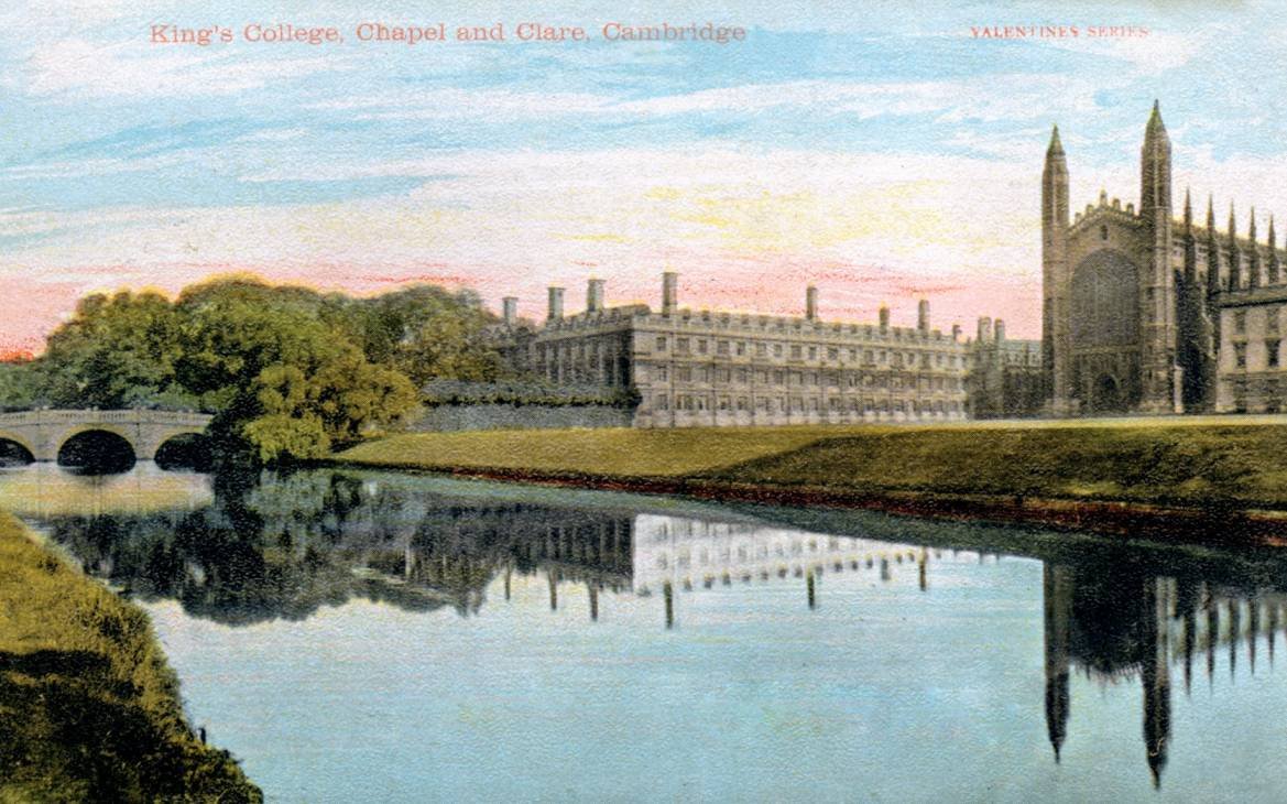 An illustration of King's College banks from the Valentines postcard series.