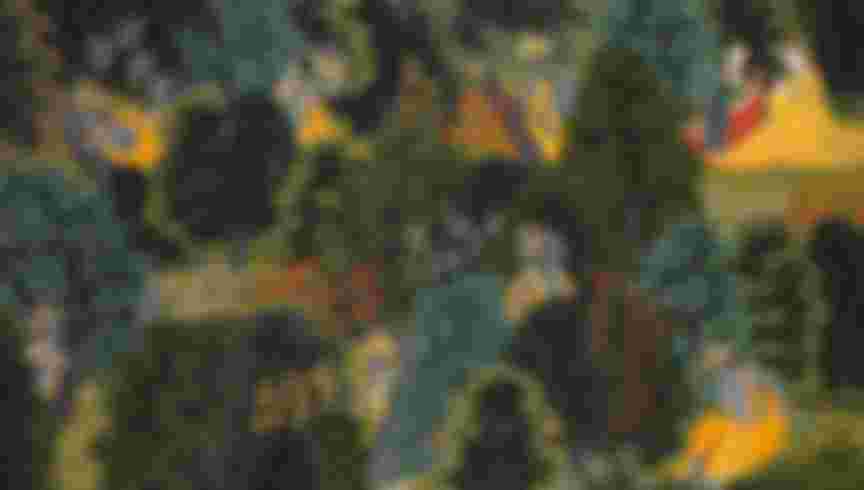 Krishna's Longing for Radha, from the Gita Govinda of Jayadeva, circa 1820-1825. In the lush forests on the banks of India?s Yamuna River, the youthful god Krishna waits to rendezvous with his beloved Radha. The artist has rendered his impatience by showing seven Krishnas, in various attitudes of anxious waiting, as though seeing him over a period of time. Meanwhile Radha, dressed in yellow at top right, confers seemingly endlessly with her confidante, as she tries to decide whether she should meet Krishna for the illicit tryst?she is already married and Krishna is prone to flirting with other girls. This scene is a metaphor for how god waits for us to come to him, while the human devotee frets about the bonds of social norms.