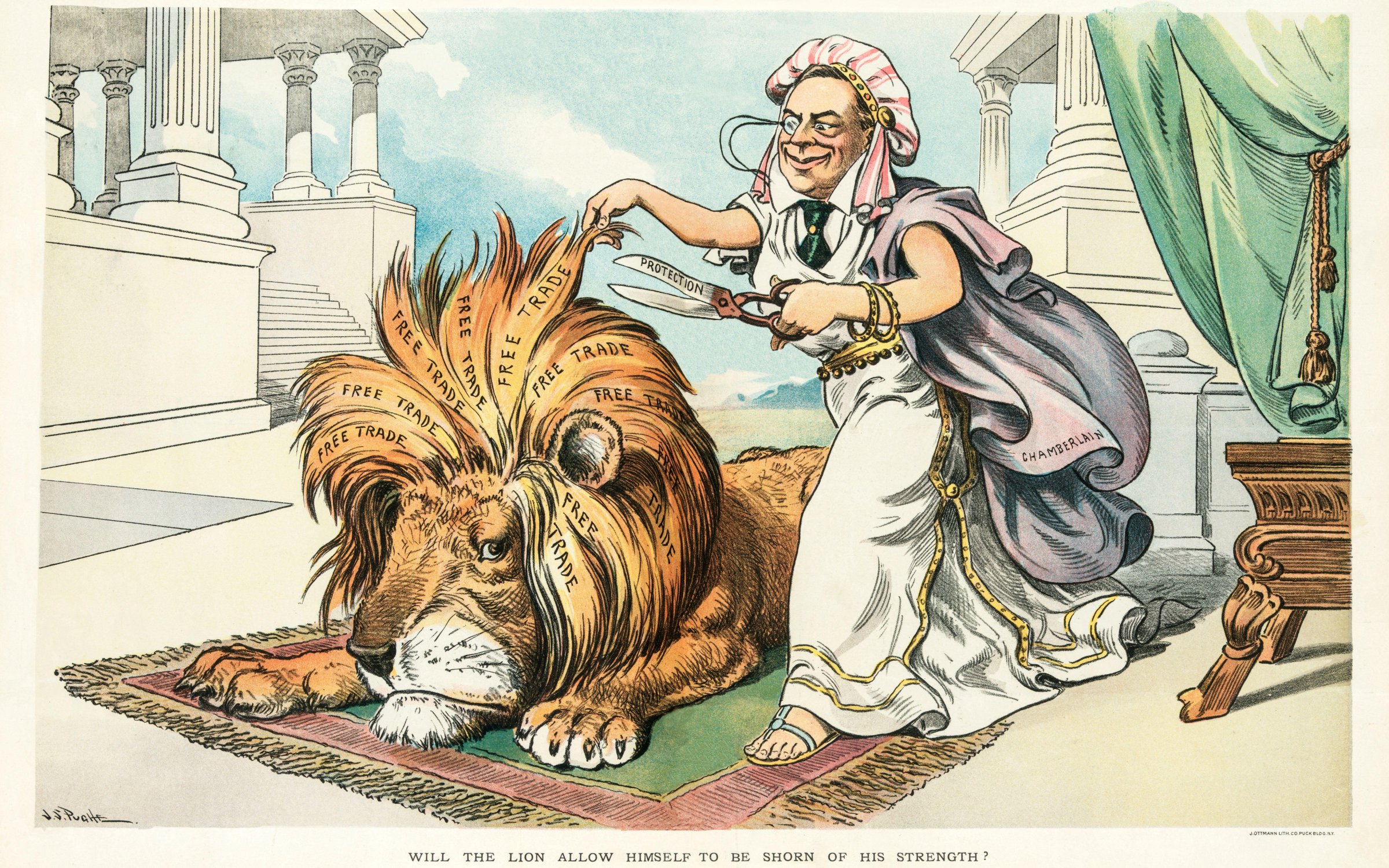 A late-19th-century Puck magazine illustration of Joseph Chamberlain holding a pair of shears labelled 'Protection'.