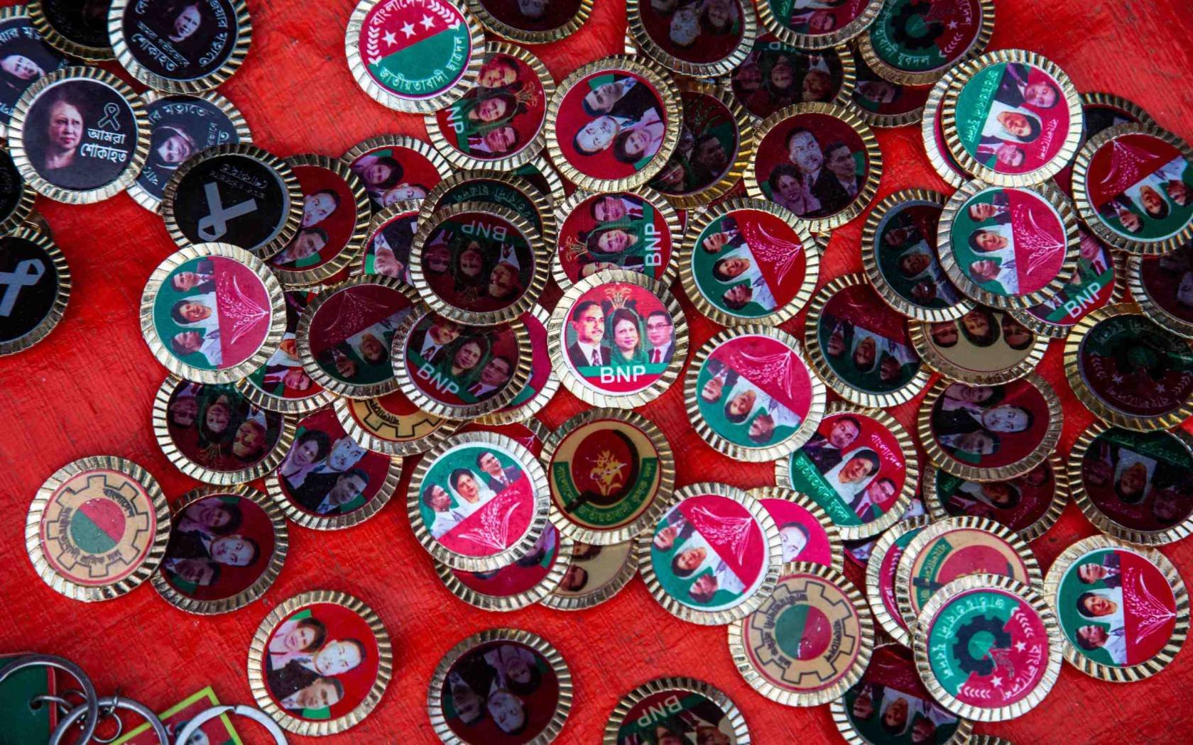 Medallions showing Tarique Rahman, Chairman of Bangladesh Nationalist Party (BNP) and Bangladeshi Prime Minister, and other figures from the BNP.