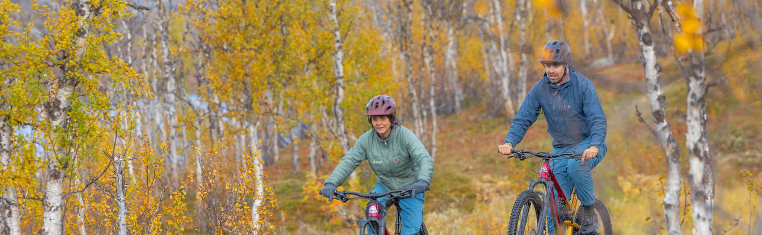 Beginner mountain biker riding along Rallarvägen trail in Abisko