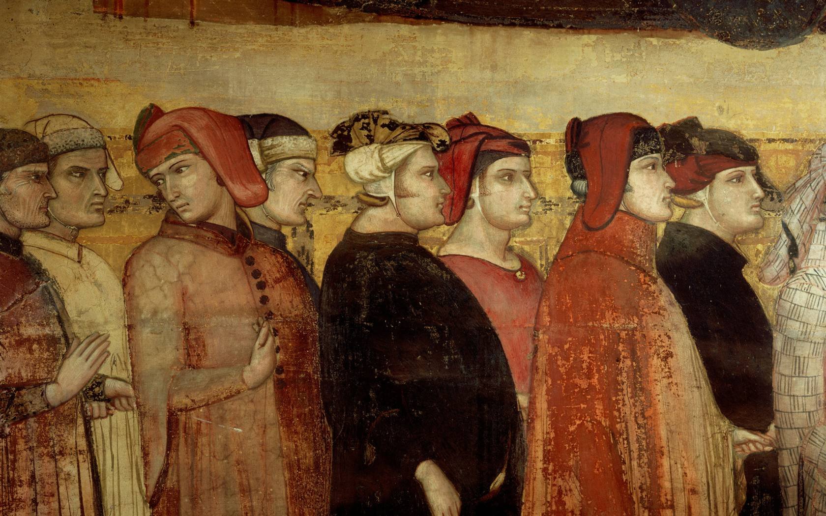 Detail of the fresco by Ambrogio Lorenzetti of 'Good Government' in the Sala della Pace in the Palazzo Pubblico in Siena.