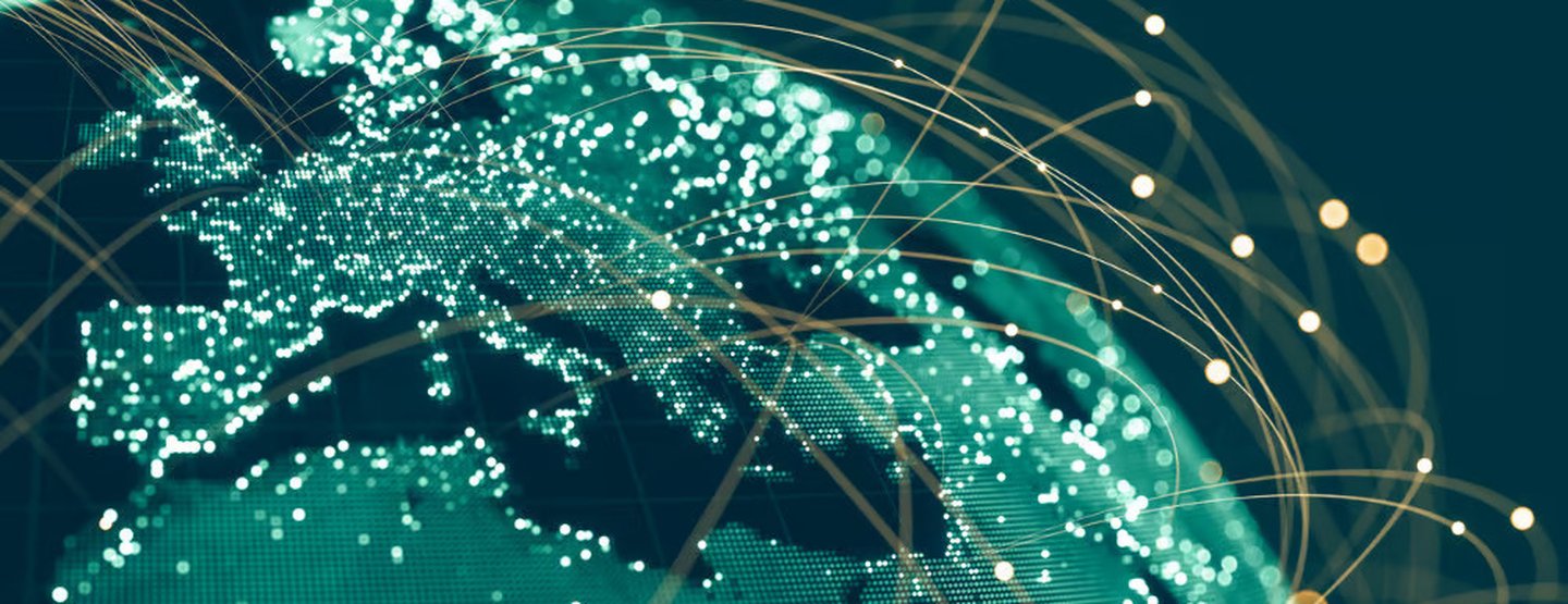 En jordglob med punkter sammanbundna av glödande streck.