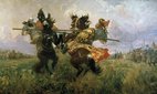 The Duel of Peresvet and Chelubey at the Battle of Kulikovo (1943) by Mikhail Ivanovich Avilov.