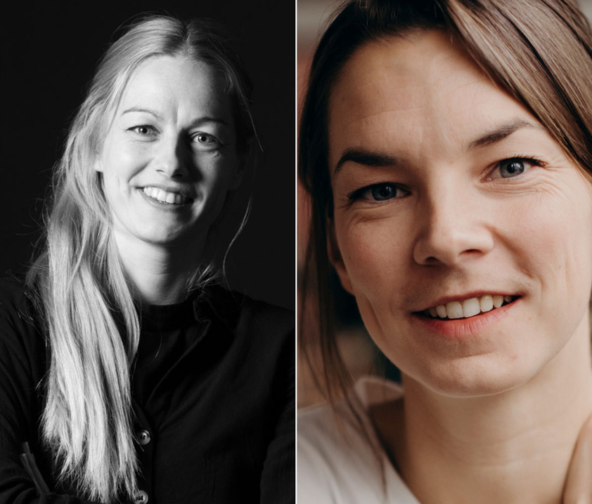 Två porträttbilder sida vid sida av två leende danskonstnärer. Till vänster ett svartvitt porträtt mot mörk bakgrund och till höger en närbild i färg med varm, suddig bakgrund.