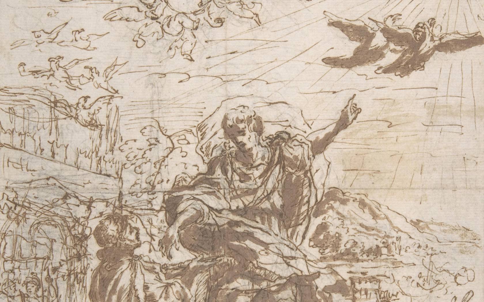 A sketch of Romulus receiving an augury from the gods, a means of predicting the future. Credit: Artokoloro / Alamy Stock Photo.