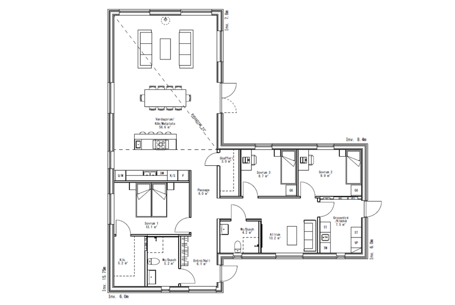 Planritning Villa Gavik Ladhus i vinkel SKIDSTAHUS